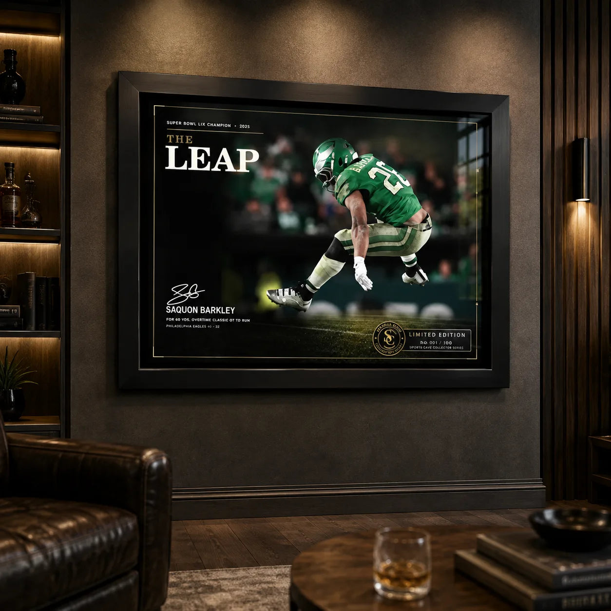 Black framed The Leap NFL wall art displayed in a dark wood man cave with warm shelf lighting.