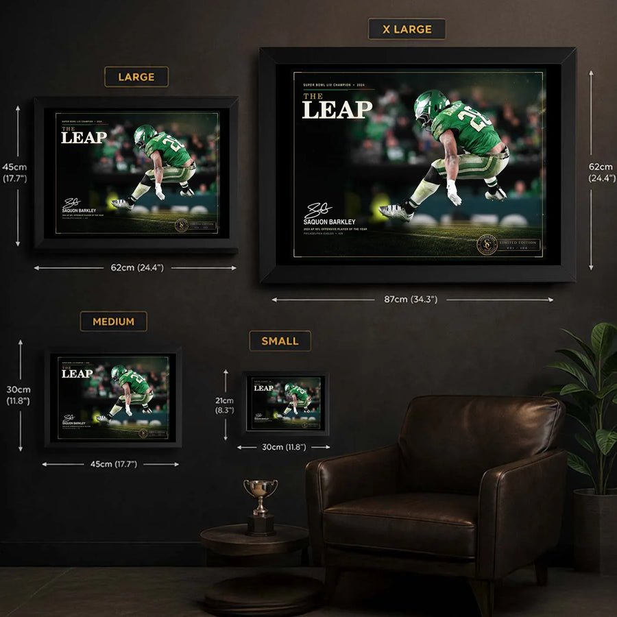 The Leap wall art size guide showing Small, Medium, Large and X Large framed dimensions in centimetres and inches.