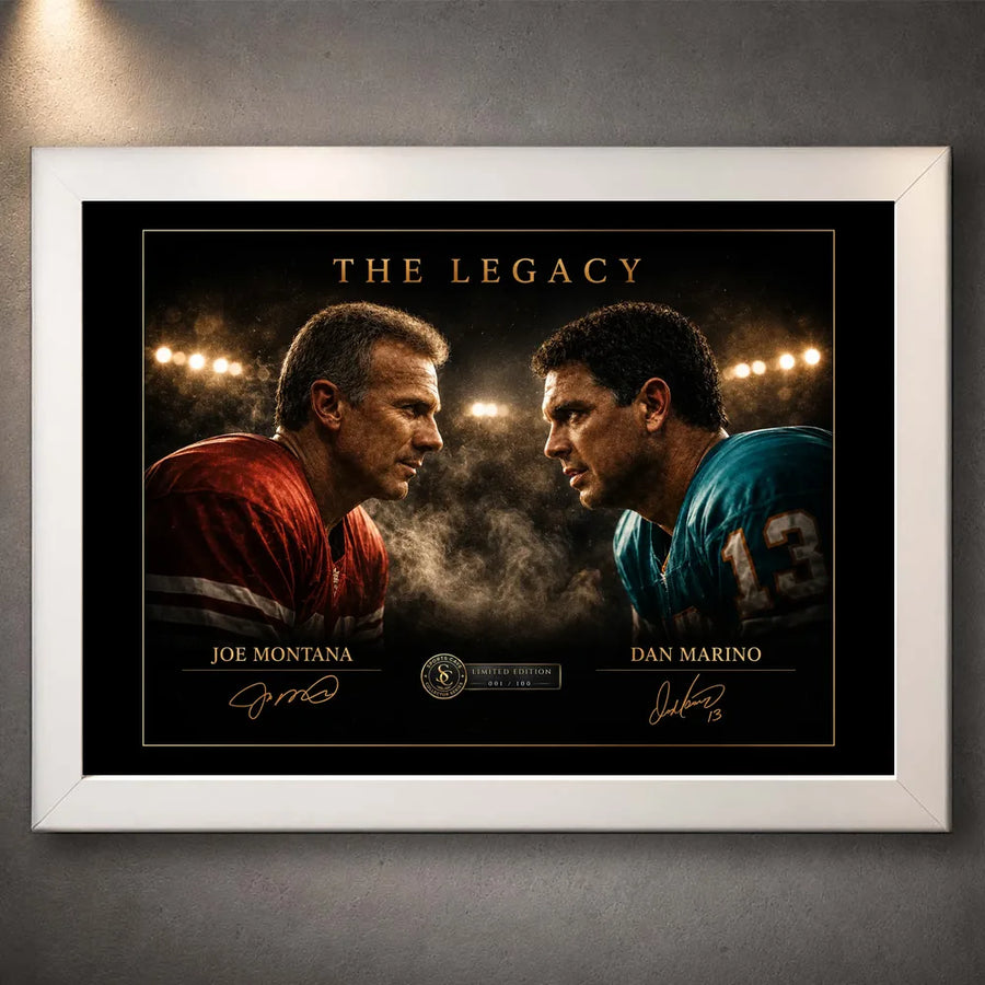 White framed Joe Montana vs Dan Marino NFL wall art featuring The Legacy quarterback face-off design.