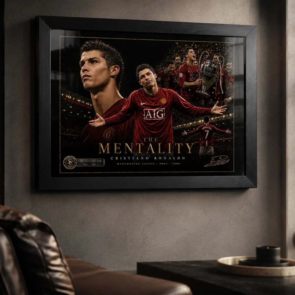 Modern man cave mockup featuring Cristiano Ronaldo football wall art in a black frame for Manchester United fans.