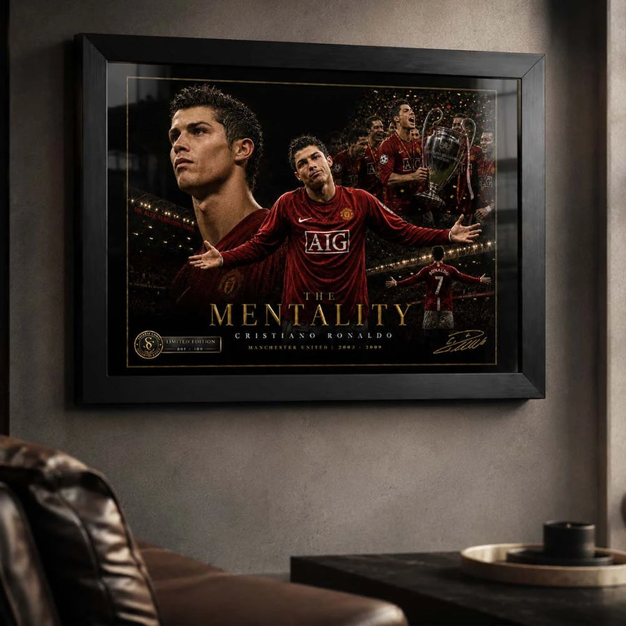 Modern man cave mockup featuring Cristiano Ronaldo football wall art in a black frame for Manchester United fans.