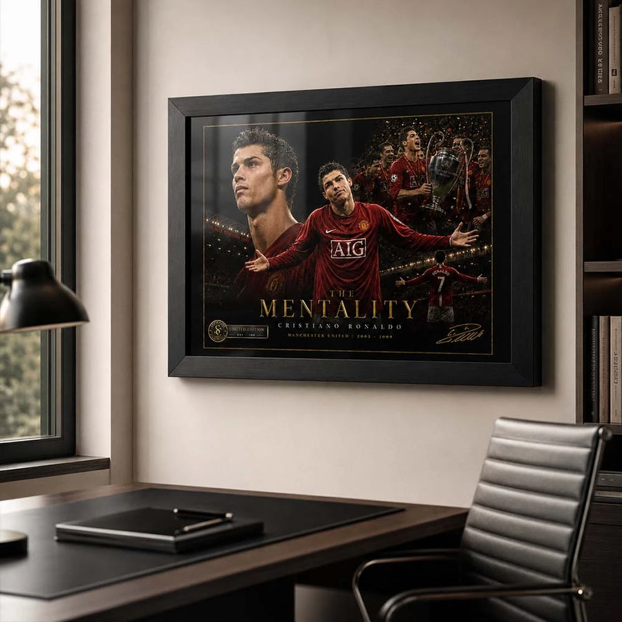 Office mockup showing Cristiano Ronaldo football wall art in a black frame for a focused United fan workspace.