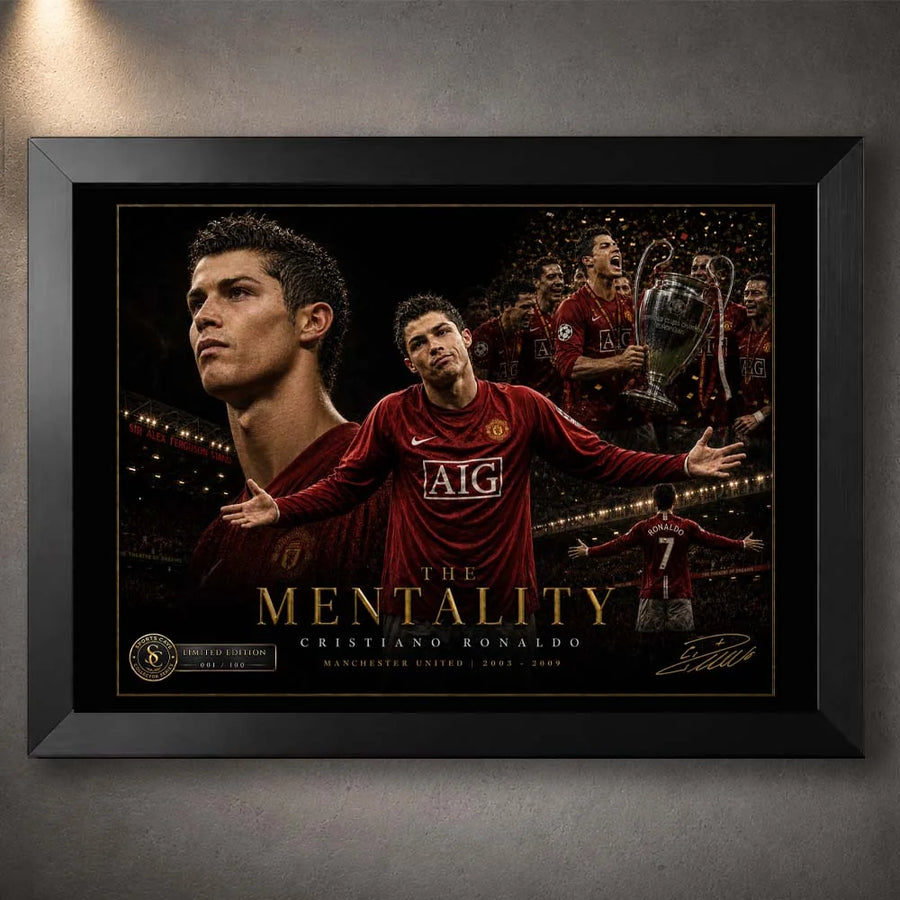 Black framed The Mentality Cristiano Ronaldo football wall art with dark Manchester United collector styling for fans.