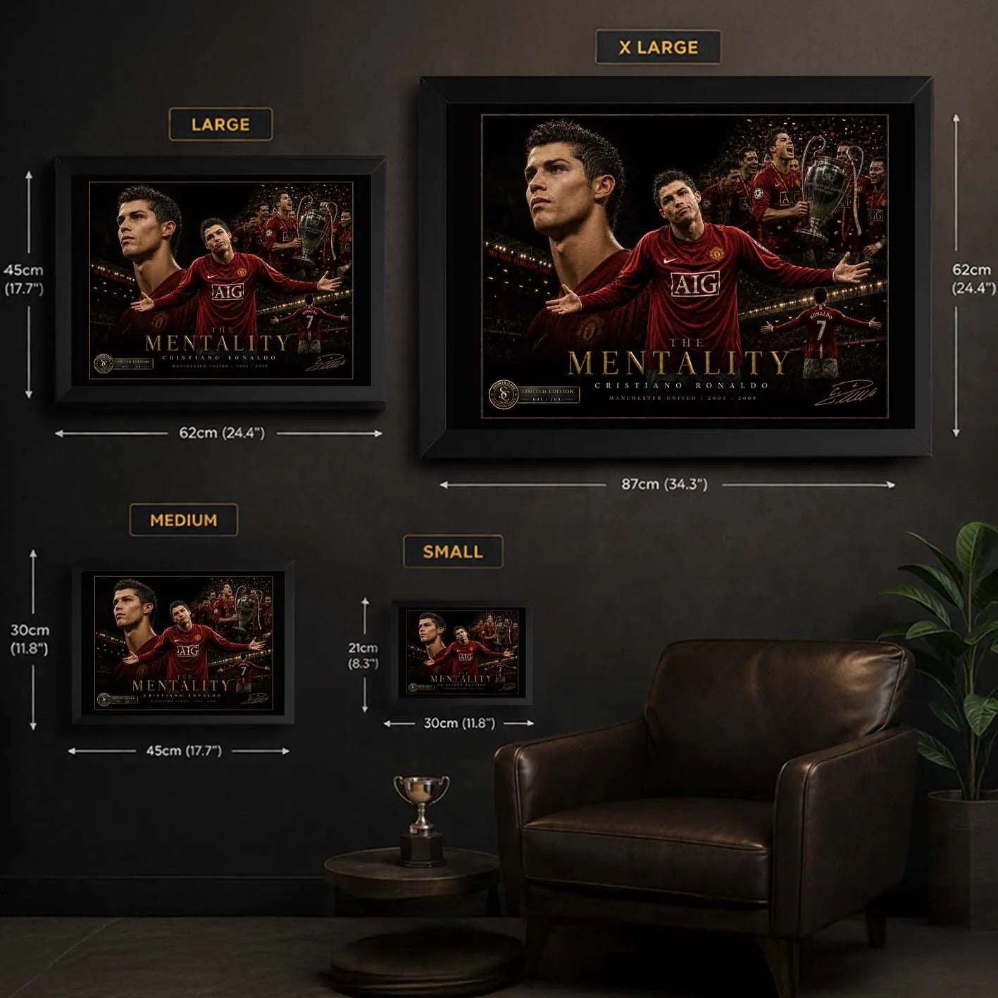 Size guide showing framed Cristiano Ronaldo sports wall art options from small through extra large for collectors.