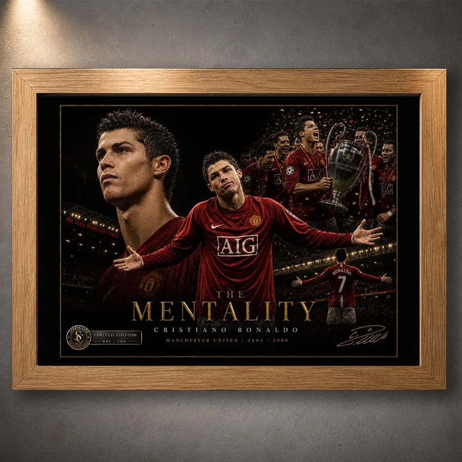 Oak framed The Mentality Cristiano Ronaldo football wall art with warm timber frame and collector finish for fans.