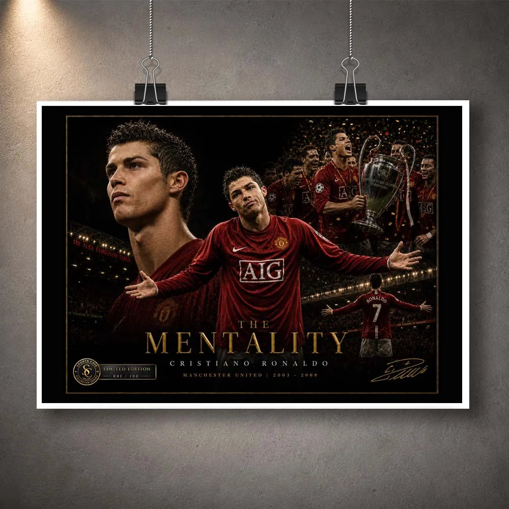 Unframed The Mentality Cristiano Ronaldo football wall art print with dark red Manchester United styling for fans.