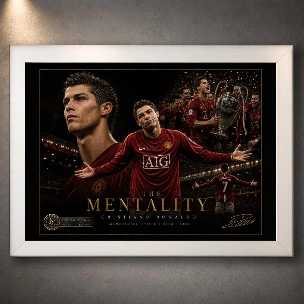 White framed Cristiano Ronaldo Manchester United football wall art with clean collector presentation for modern rooms.