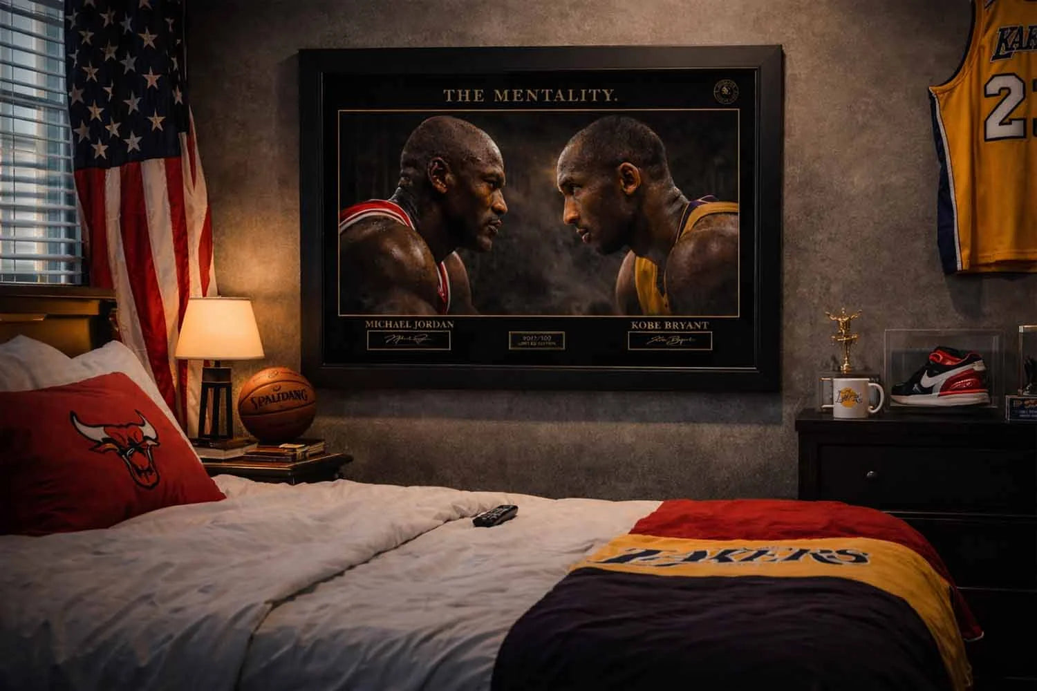 Michael Jordan vs Kobe Bryant NBA sports wall art displayed in bedroom collector's sports decor.