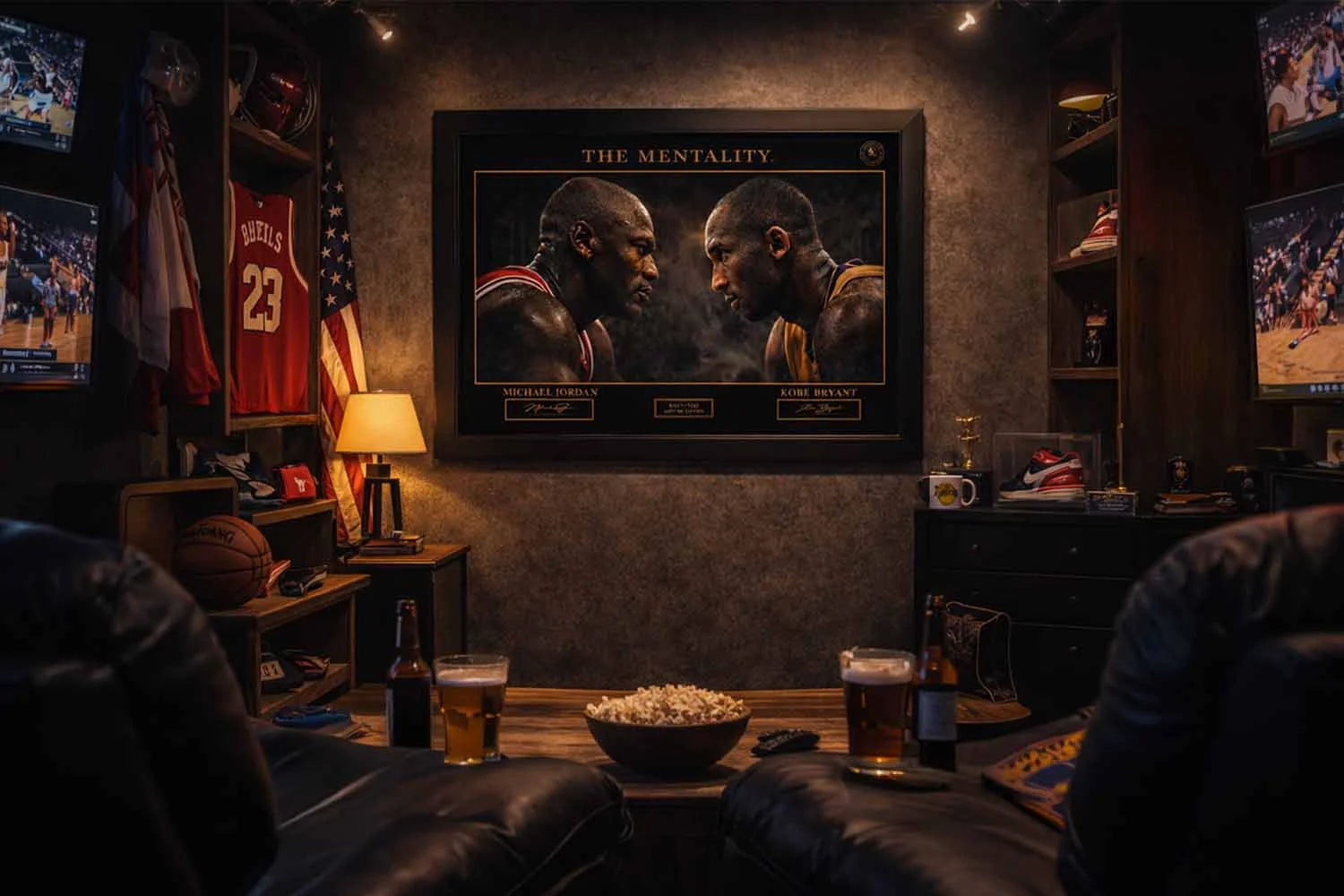 Michael Jordan vs Kobe Bryant man cave wall art framed NBA collectors print.