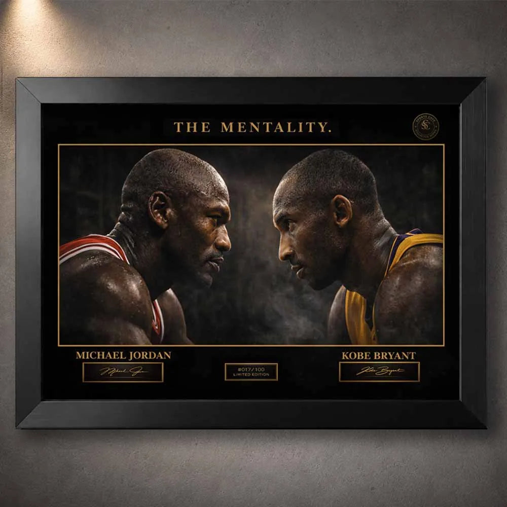 Michael Jordan vs Kobe Bryant framed NBA wall art featuring a dramatic face-off portrait with premium black frame, gold detailing, and dark luxury sports room aesthetic.