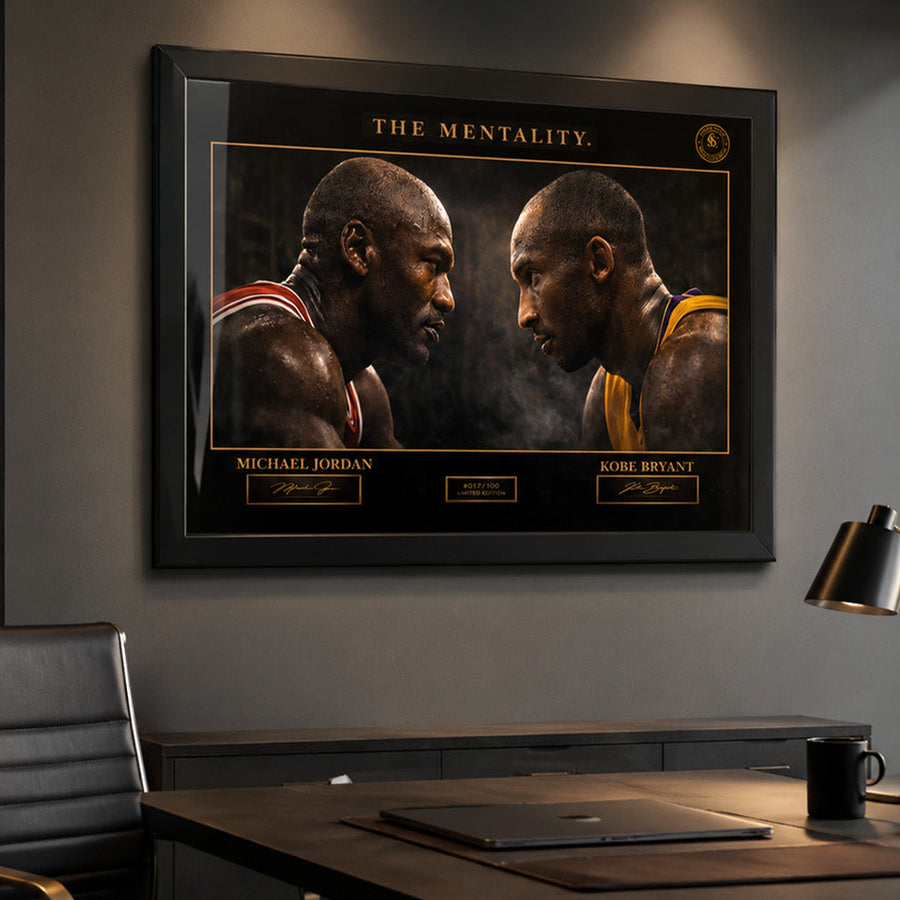 Michael Jordan and Kobe Bryant framed NBA wall art in a premium office setting with collector glass frame detail.