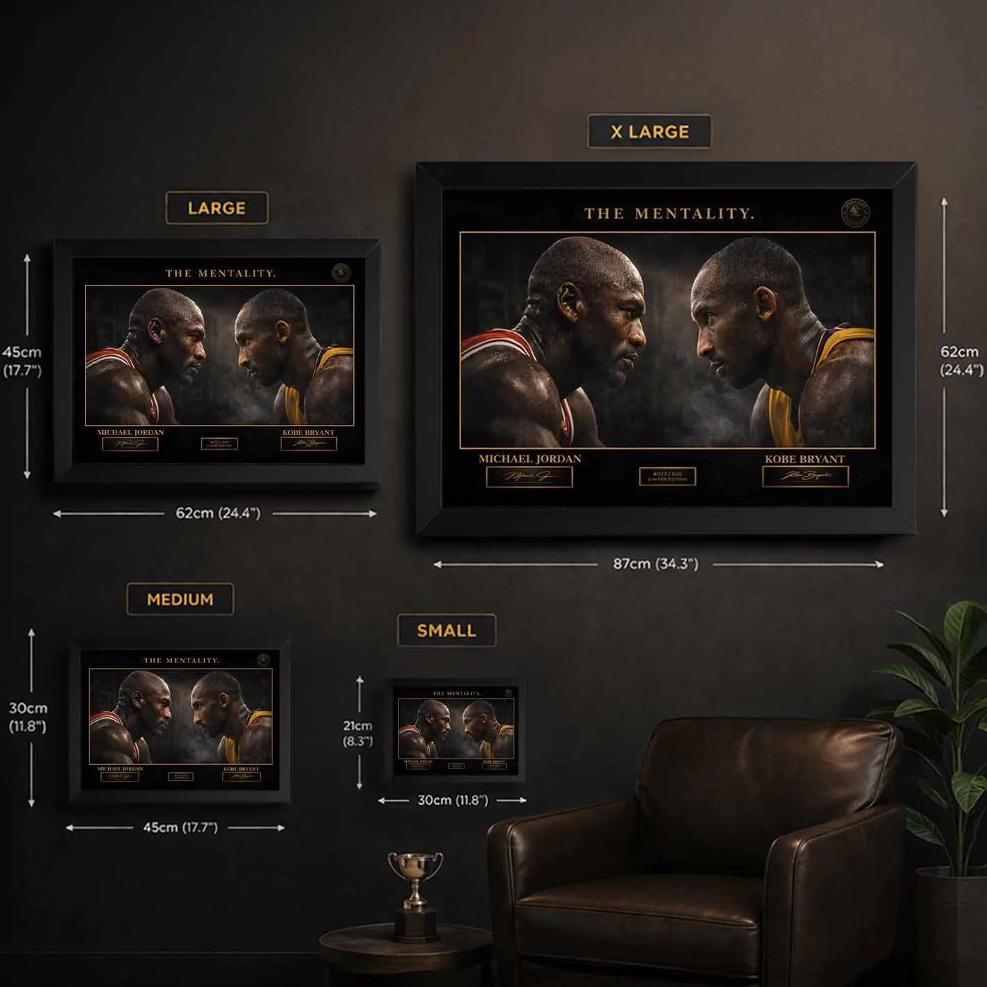 Michael Jordan vs Kobe Bryant NBA wall art size guide showing small, medium, large, and extra large framed poster dimensions for sports room decor.