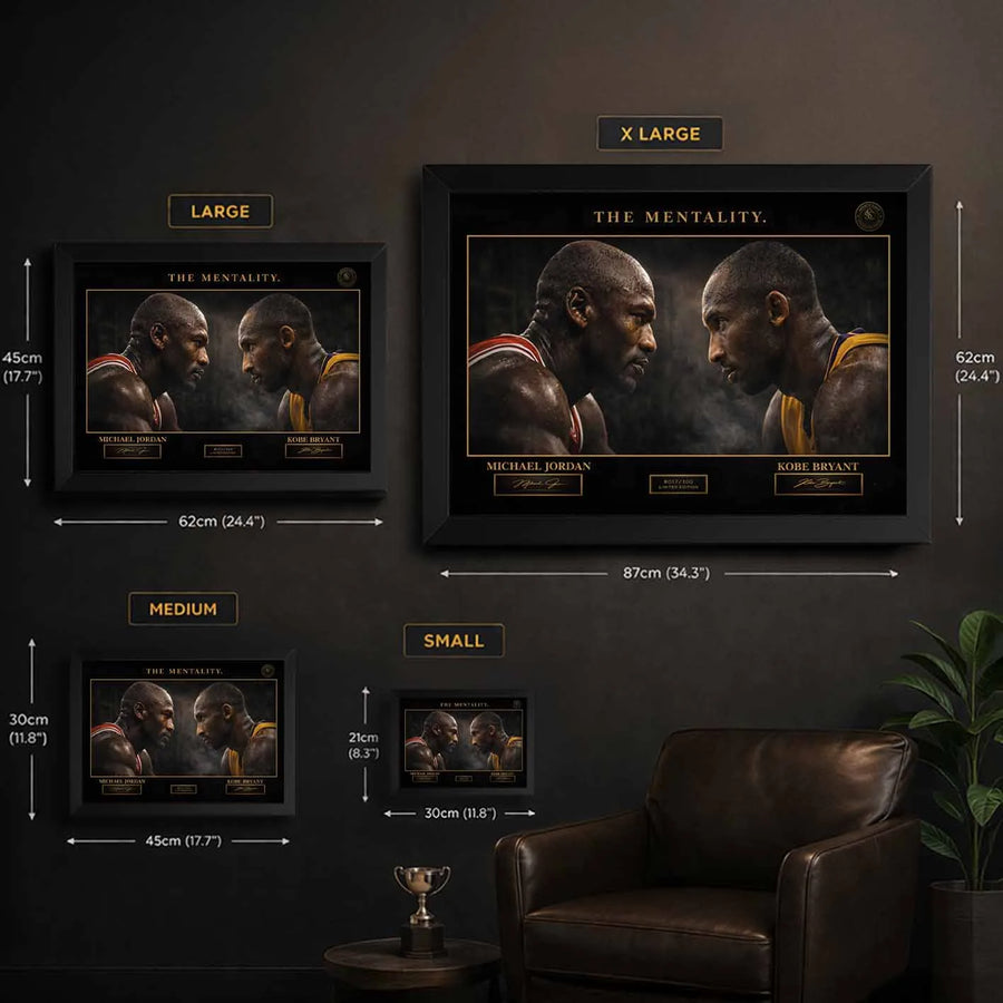 Michael Jordan vs Kobe Bryant NBA wall art size guide showing small, medium, large, and extra large framed poster dimensions for sports room decor.