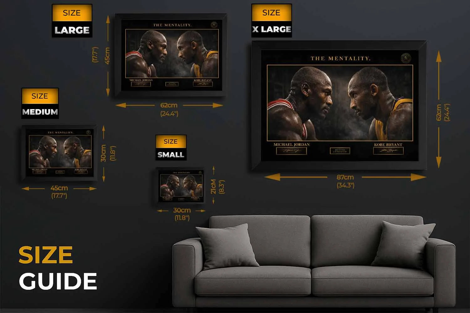 NBA wall art size guide Michael Jordan vs Kobe Bryant framed sports prints