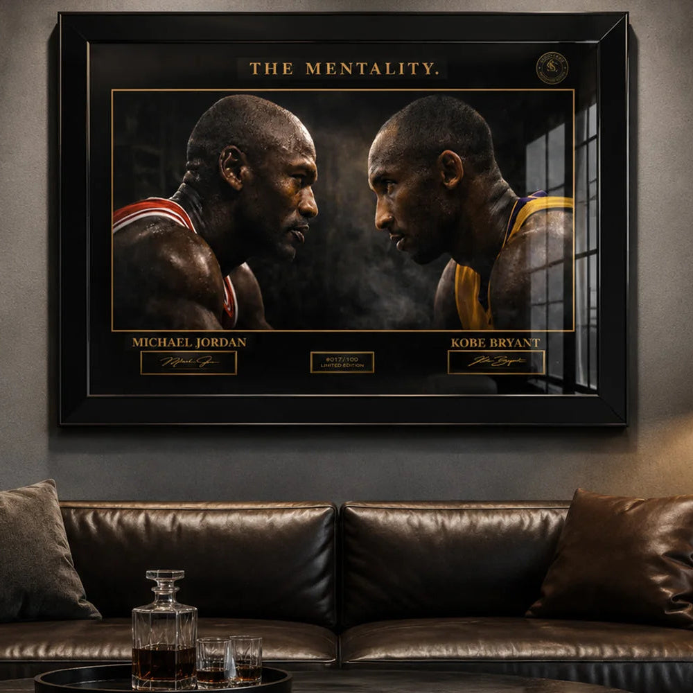 Michael Jordan and Kobe Bryant man cave wall art in a black frame, styled as premium NBA sports memorabilia collectible.