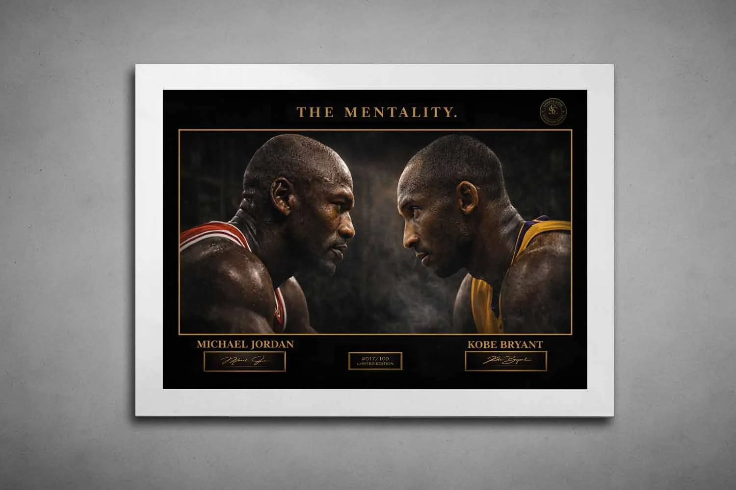 Michael Jordan vs Kobe Bryant white framed NBA wall art limited edition sports print.
