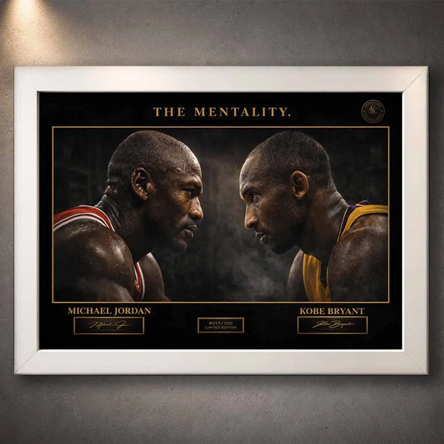 Michael Jordan vs Kobe Bryant white framed NBA wall art limited edition sports print.