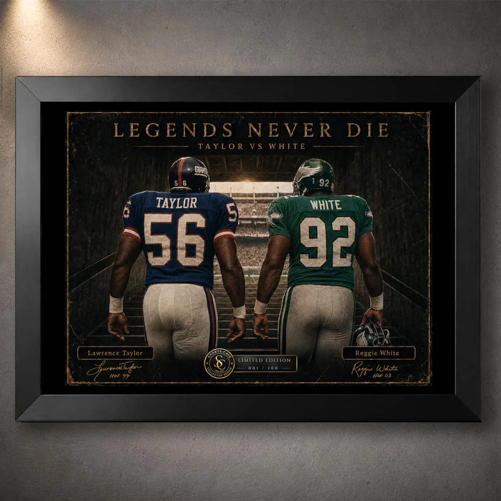 Black framed The Most Feared Taylor vs White NFL wall art featuring numbers 56 and 92 in a dark stadium tribute.