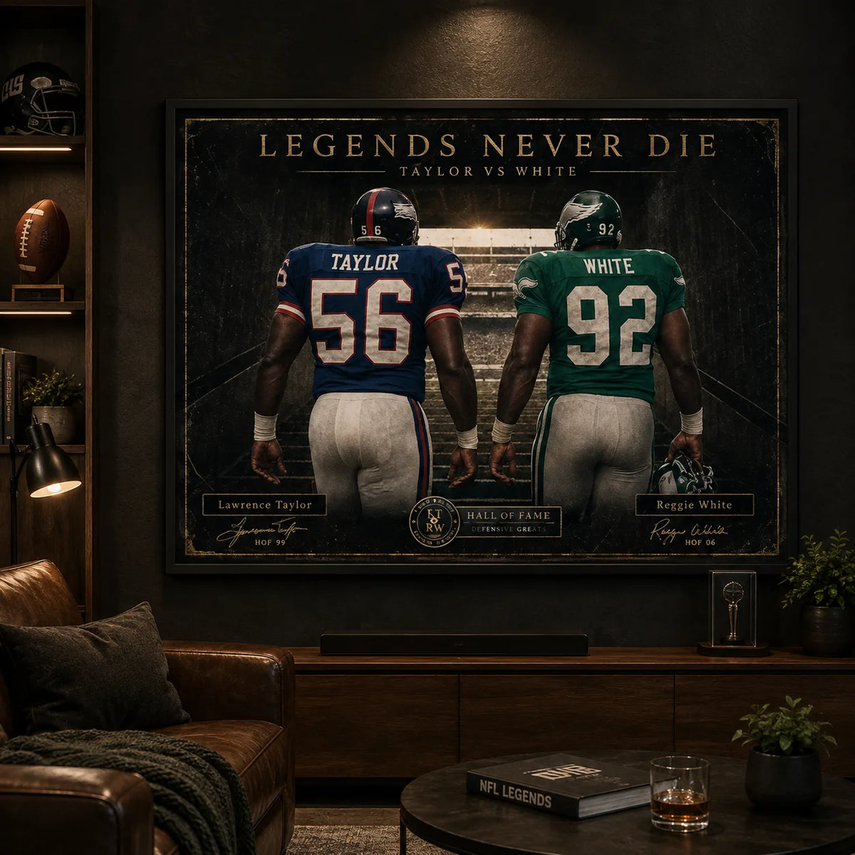 Taylor vs White NFL wall art in a dark sports man cave with display shelving, leather seating and collector styling.