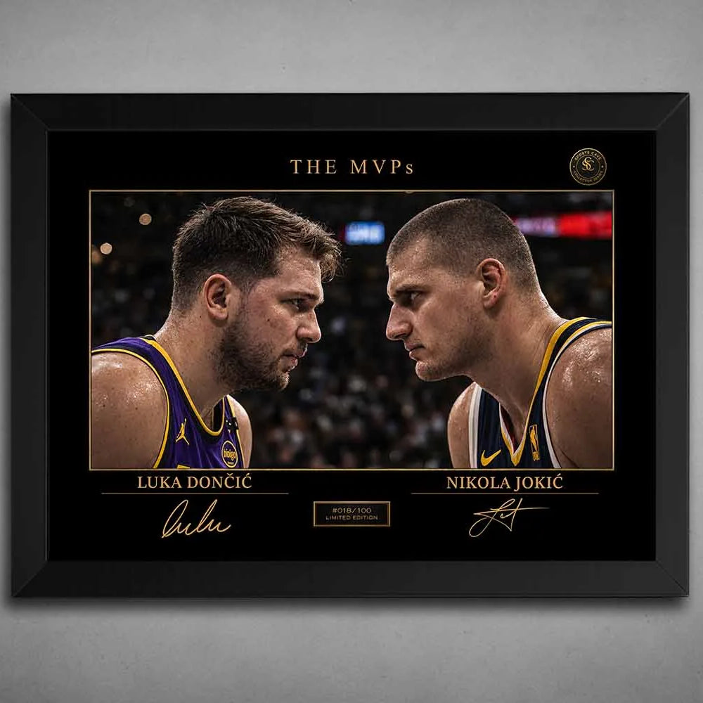 Black framed Luka Dončić vs Nikola Jokić MVP rivalry artwork in premium sports wall art design with bold contrast