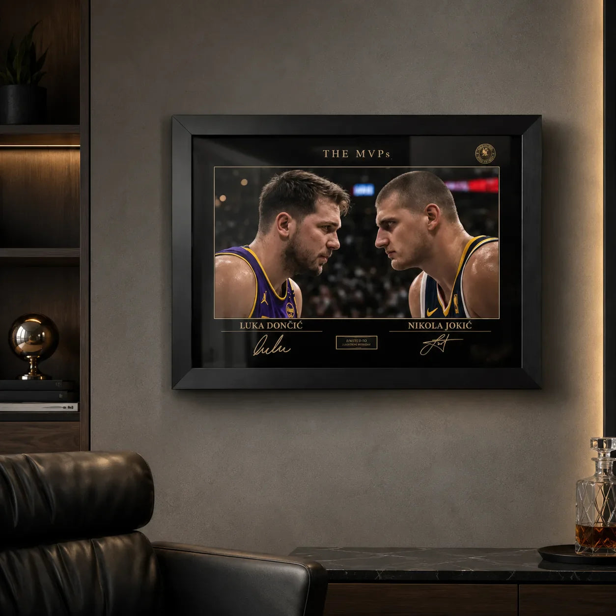 Black framed sports wall art displayed on a dark man cave wall with warm lighting and premium decor