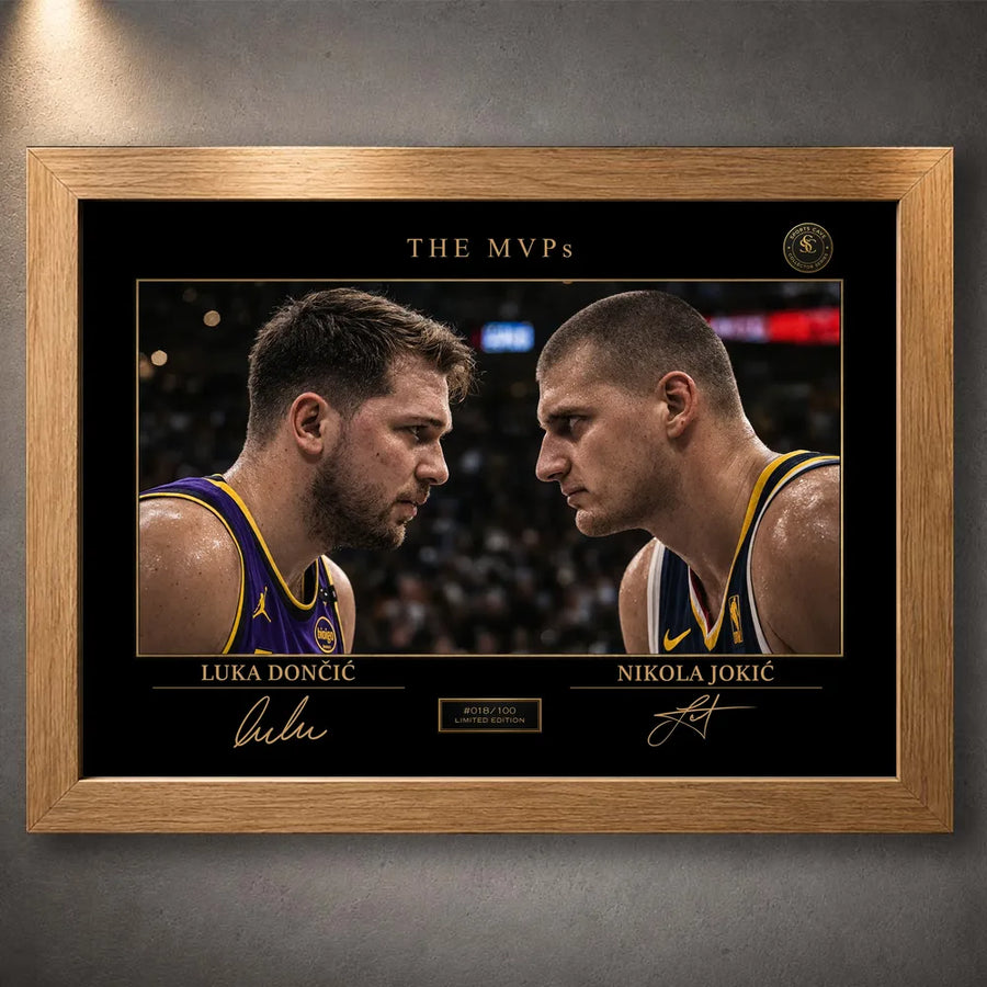 Oak framed sports wall art print with black background, gold details and collector-style layout