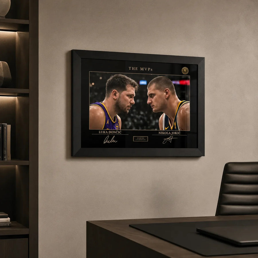 Black framed sports wall art on a modern office wall beside a desk and shelving unit