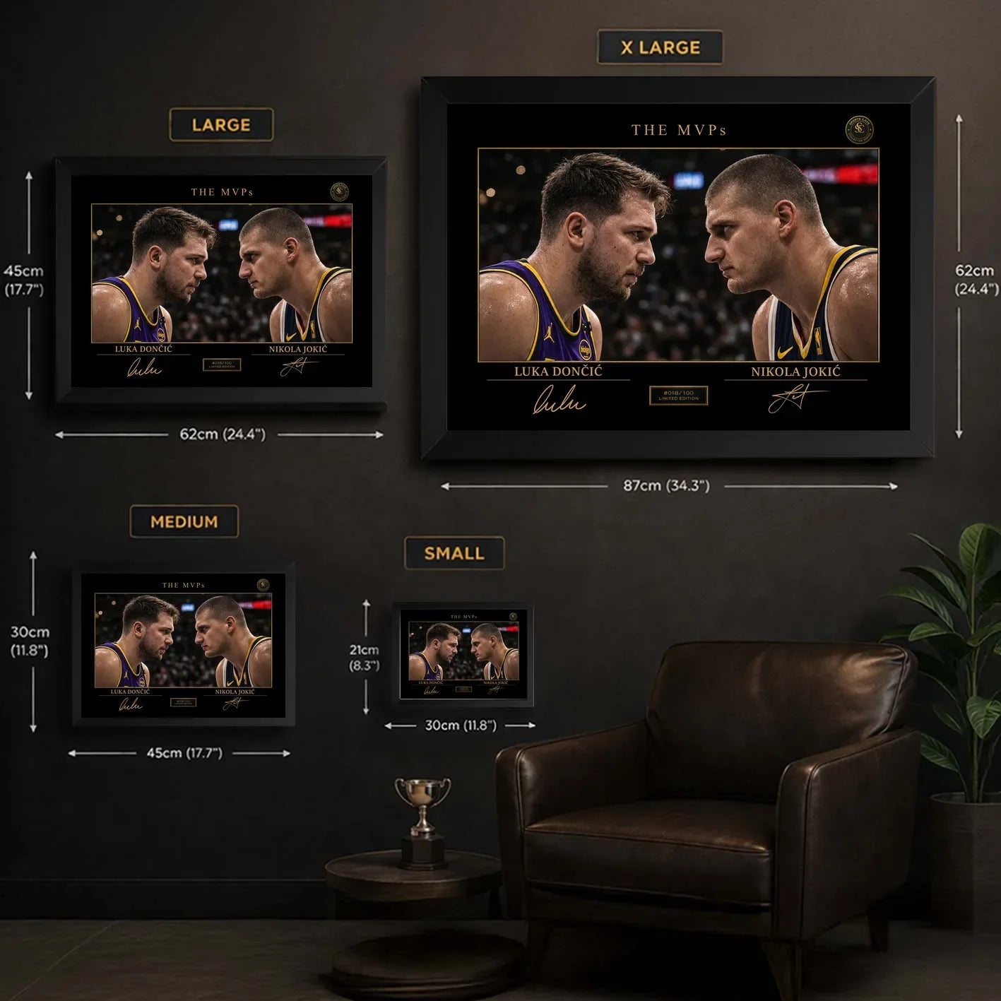 Size guide for framed sports wall art showing small, medium, large and extra large display options