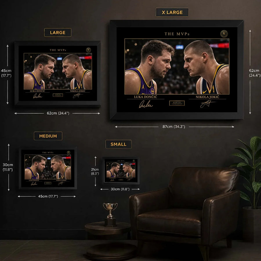 Size guide for framed sports wall art showing small, medium, large and extra large display options