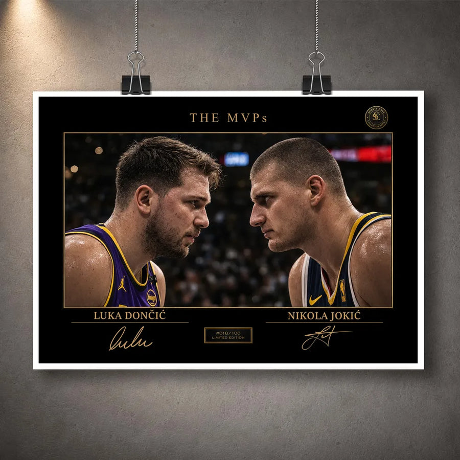 Unframed sports wall art print hanging with clips on a textured grey wall