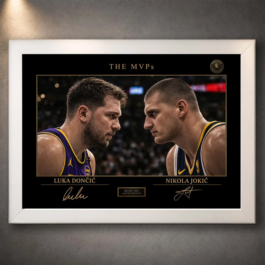 White framed sports wall art print with black artwork background and gold detailing