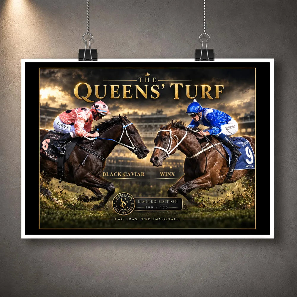 Unframed Black Caviar and Winx horse racing wall art featuring The Queens' Turf collector design.