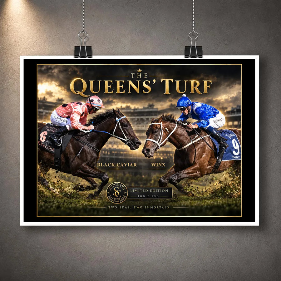Unframed Black Caviar and Winx horse racing wall art featuring The Queens' Turf collector design.