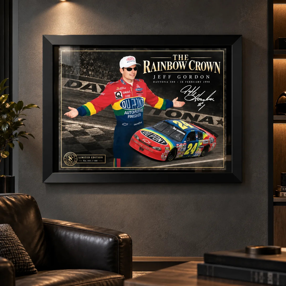 Jeff Gordon wall art displayed in a dark man cave setting with black frame and The Rainbow Crown NASCAR design.