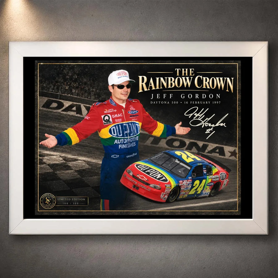 White framed Jeff Gordon NASCAR wall art featuring The Rainbow Crown design for motorsport collectors.