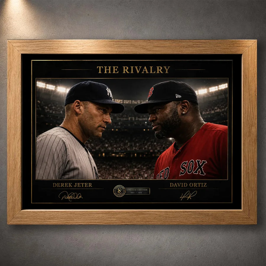 Oak framed Jeter vs Ortiz baseball rivalry wall art featuring both players beneath stadium lights