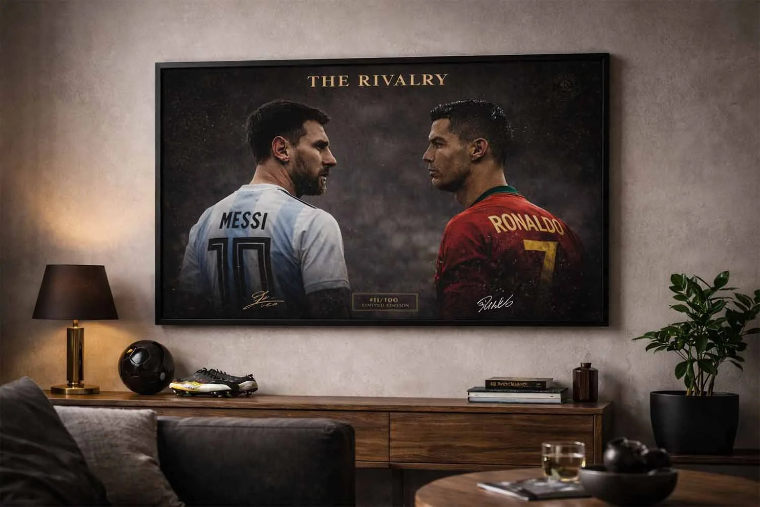 Messi and Ronaldo rivalry wall art displayed above a console in a modern living room, styled as bold man cave wall décor.