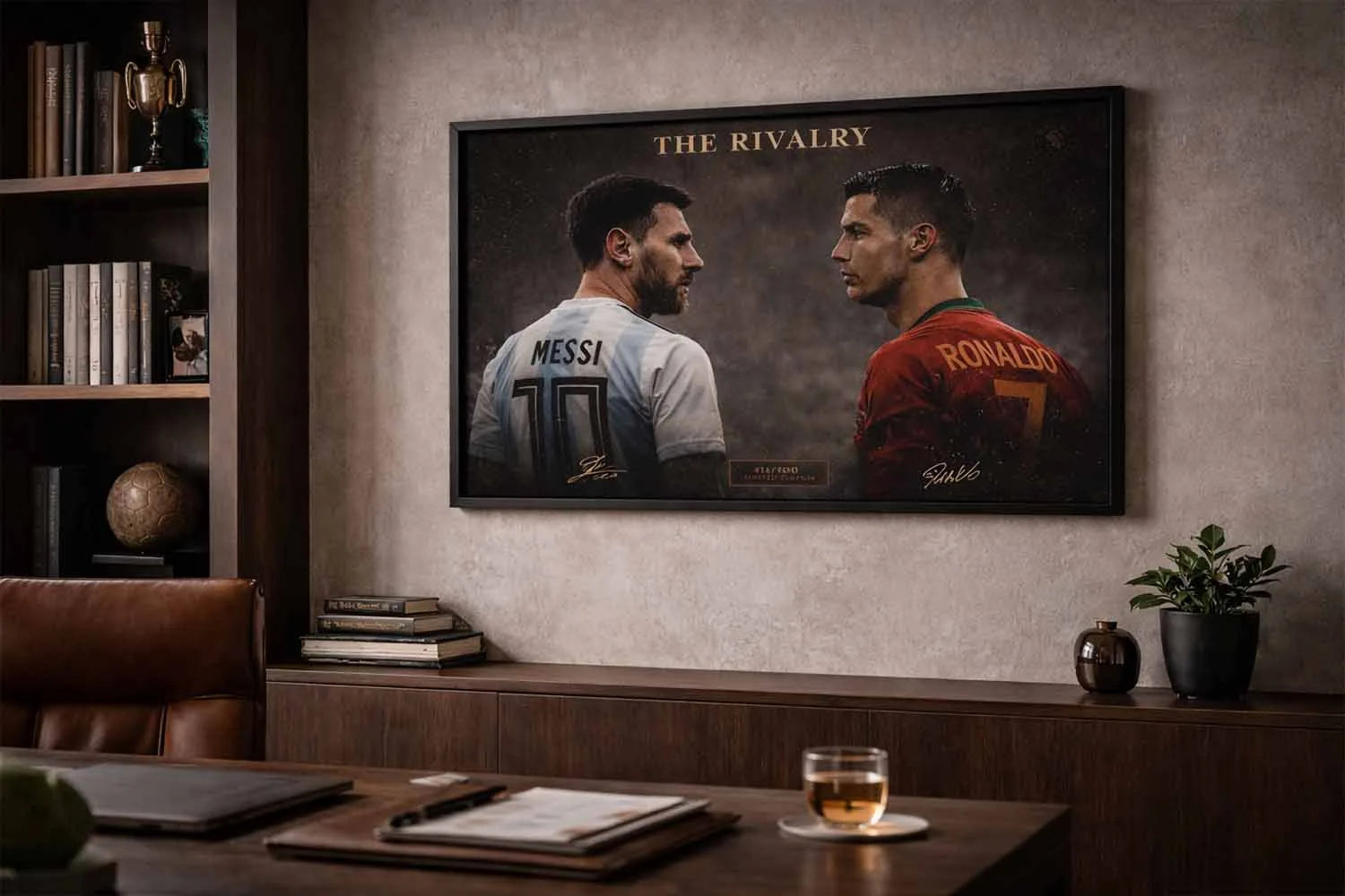 Framed Messi vs Ronaldo soccer artwork featured in a stylish home office setting with books and décor as premium sports collectibles.