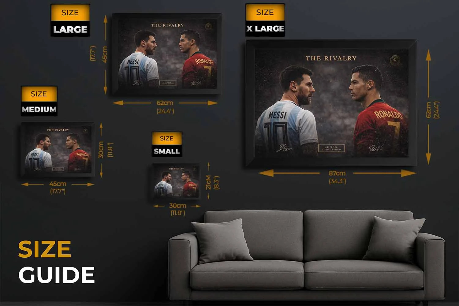 Size guide showing Messi vs Ronaldo framed artwork in multiple dimensions to help choose the right sports wall art scale.