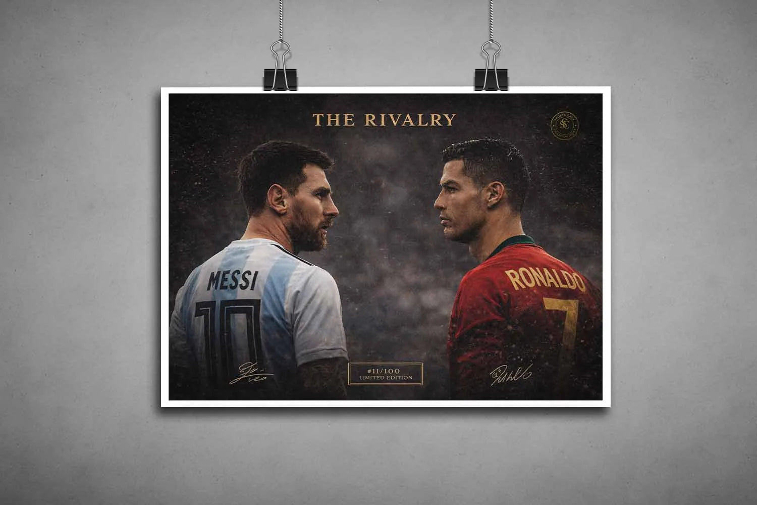 Unframed Messi vs Ronaldo limited edition print showcasing an iconic soccer rivalry, perfect for limited edition sports prints.
