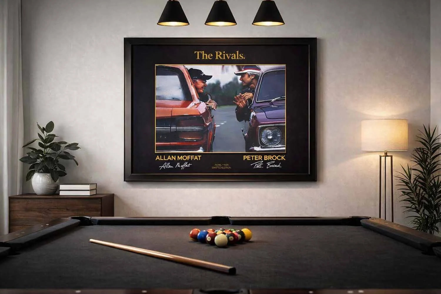 A1 landscape Allan Moffat and Peter Brock Bathurst 1977 limited edition wall art framed in black, displayed above a pool table in a minimalist room.