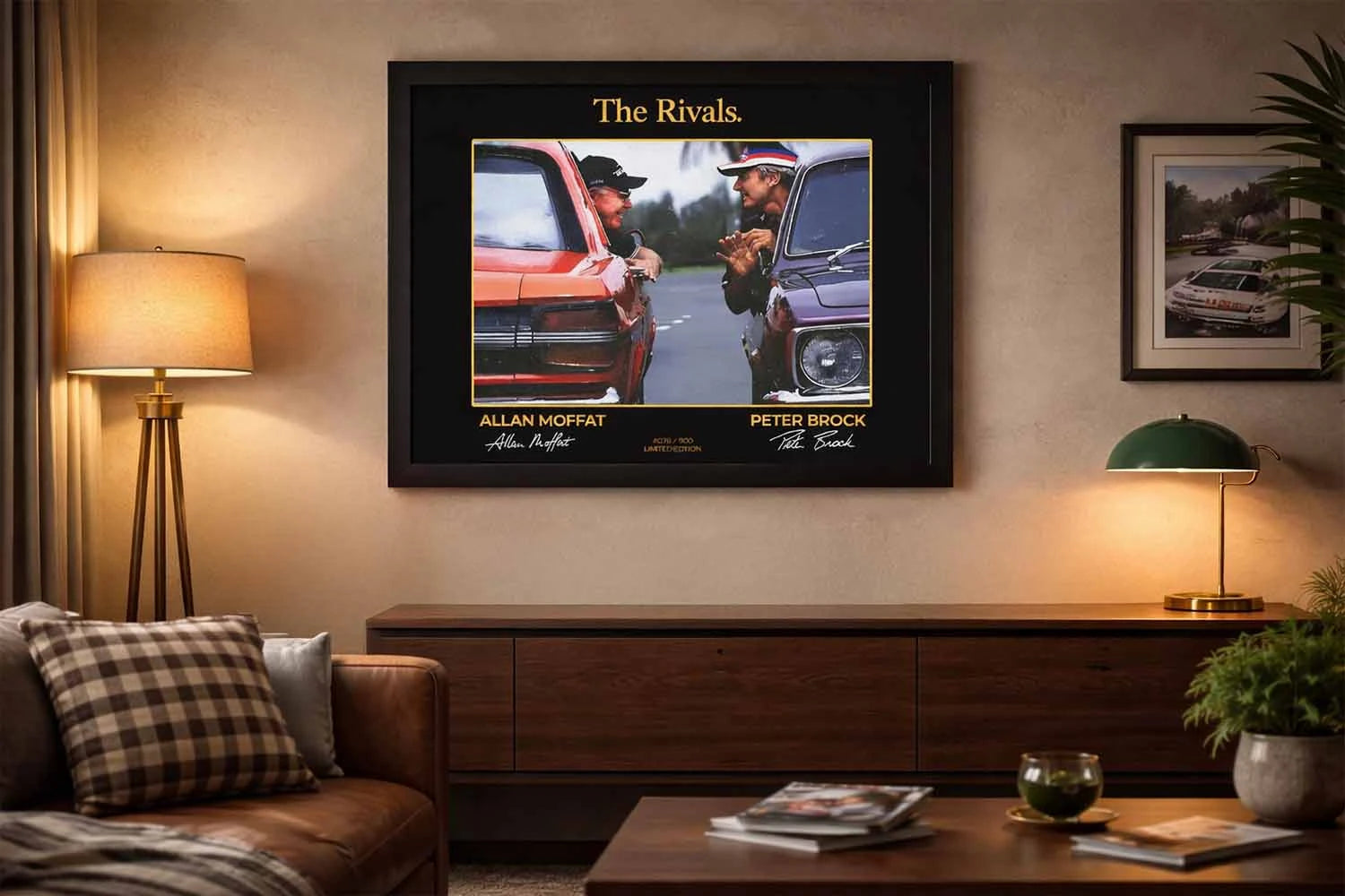 The Rivals Allan Moffat vs Peter Brock limited edition motorsport wall art in a premium black frame displayed in a modern man cave.