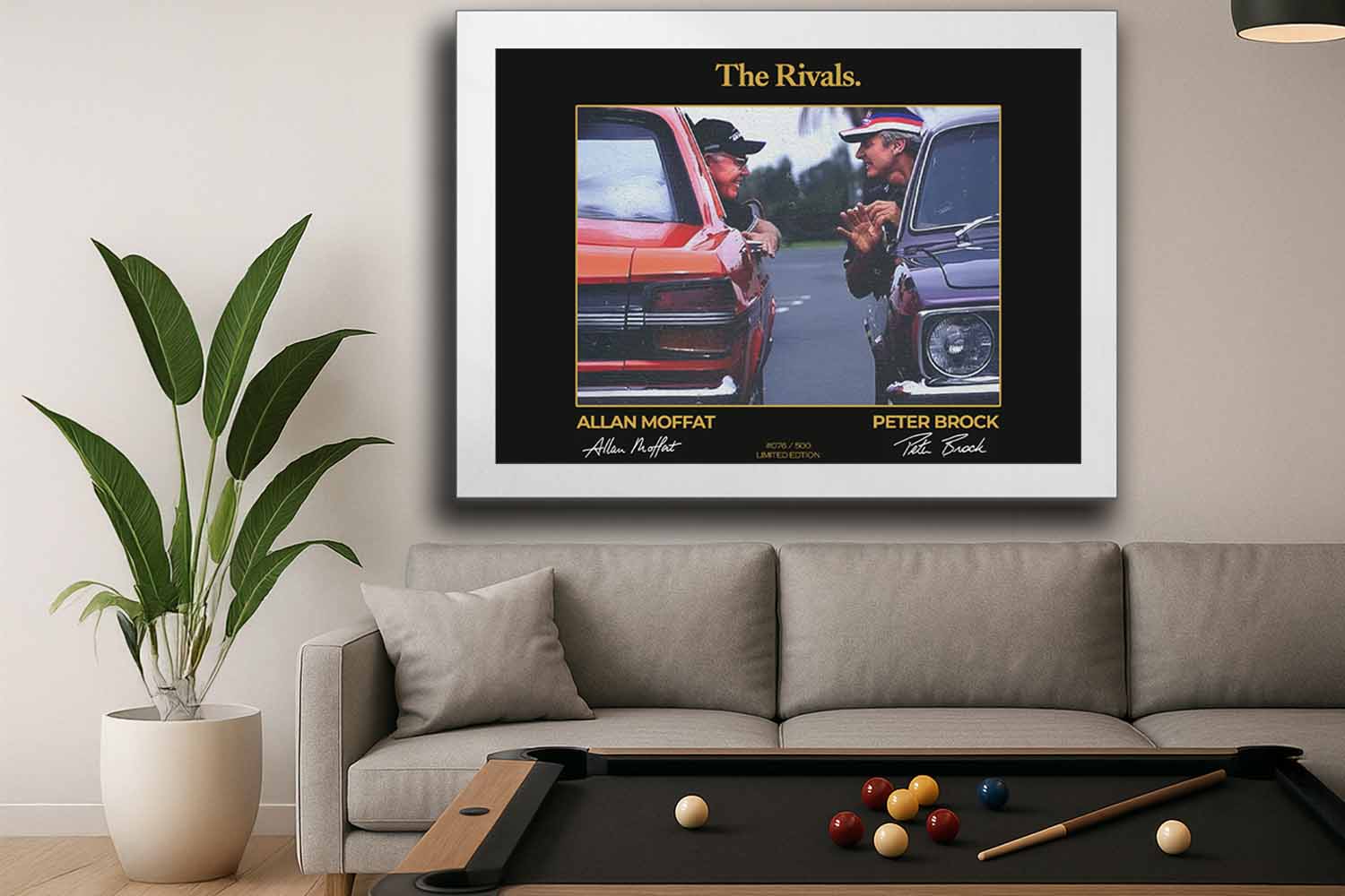 Limited edition framed sports art of Peter Brock and Allan Moffat titled 'The Rivals,' displayed in a modern man cave with a white frame — perfect for Australian motorsport fans seeking premium sports collectibles or man cave wall décor.