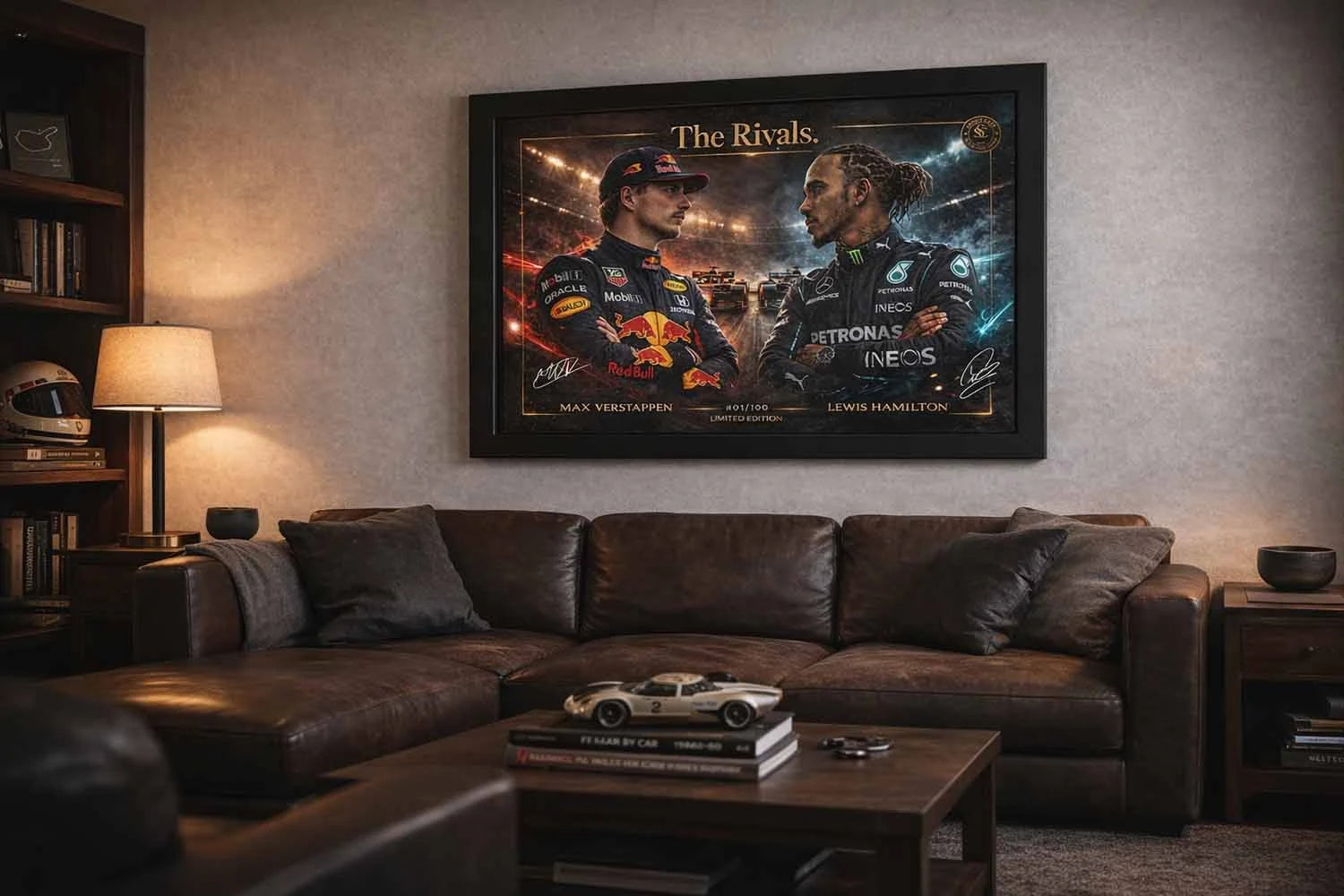 Max Verstappen World Champion framed sports wall art displayed in a modern motorsport man cave setting.