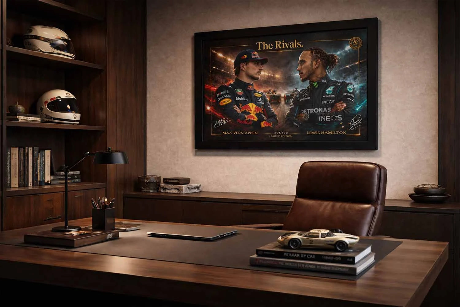 Max Verstappen World Champion office display featuring framed sports memorabilia in executive workspace.