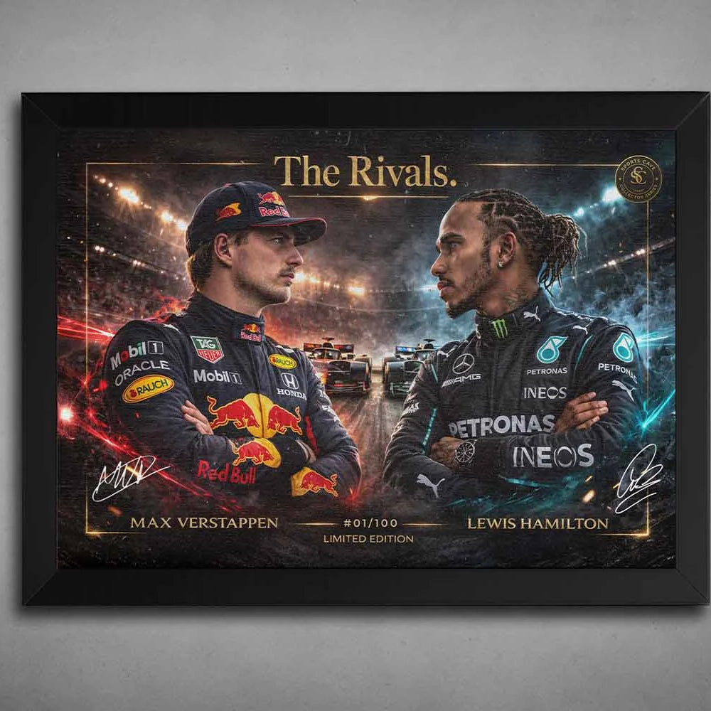 Black framed Max Verstappen World Champion Red Bull F1 print, premium framed sports collectibles.