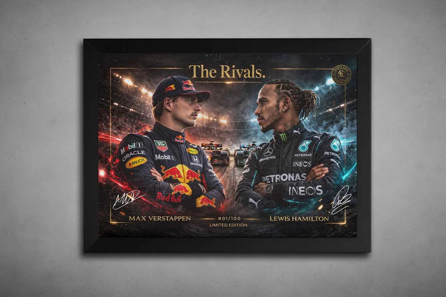 Black framed Max Verstappen World Champion Red Bull F1 print, premium framed sports collectibles.