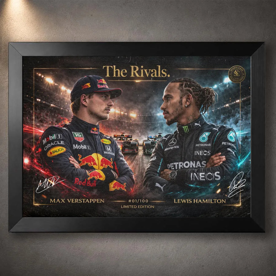 Black framed The Rivals Verstappen vs Hamilton F1 wall art for motorsport collectors and elite racing man caves.