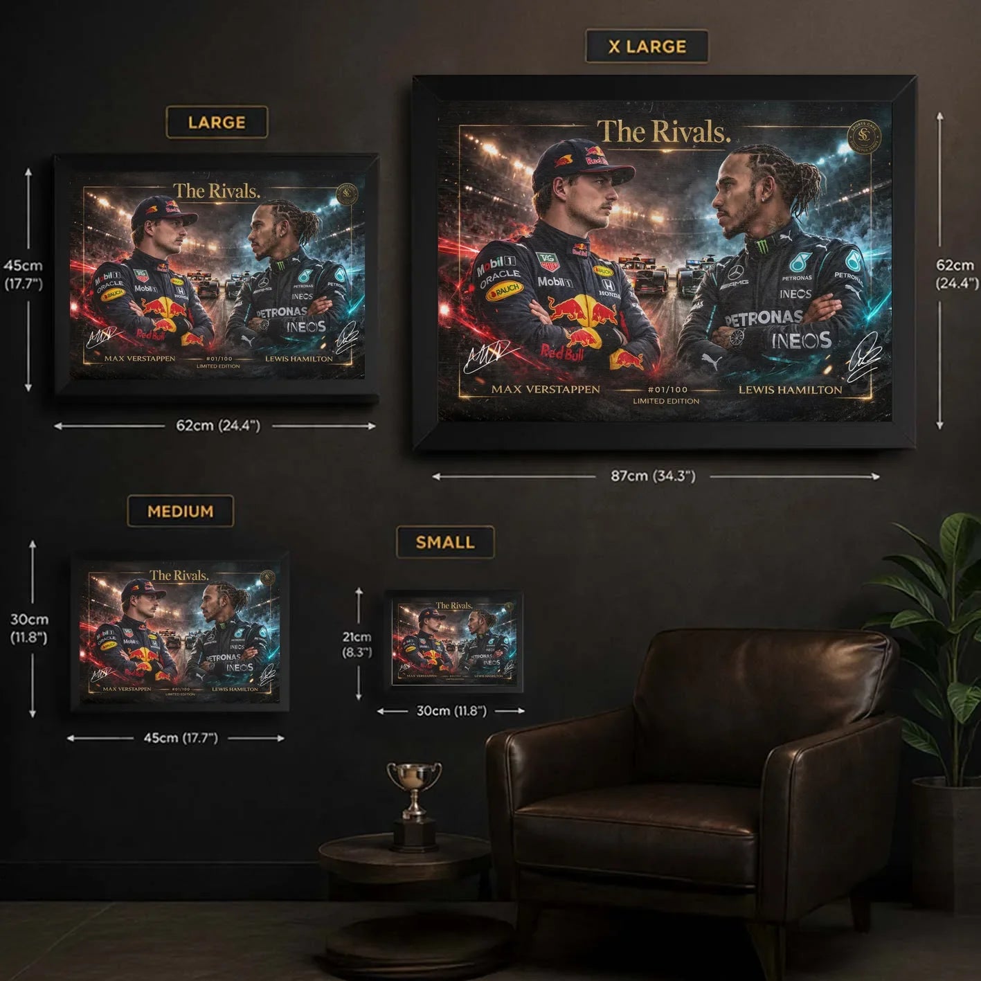 Size guide for The Rivals Verstappen vs Hamilton framed motorsport wall art showing all Sports Cave dimensions.