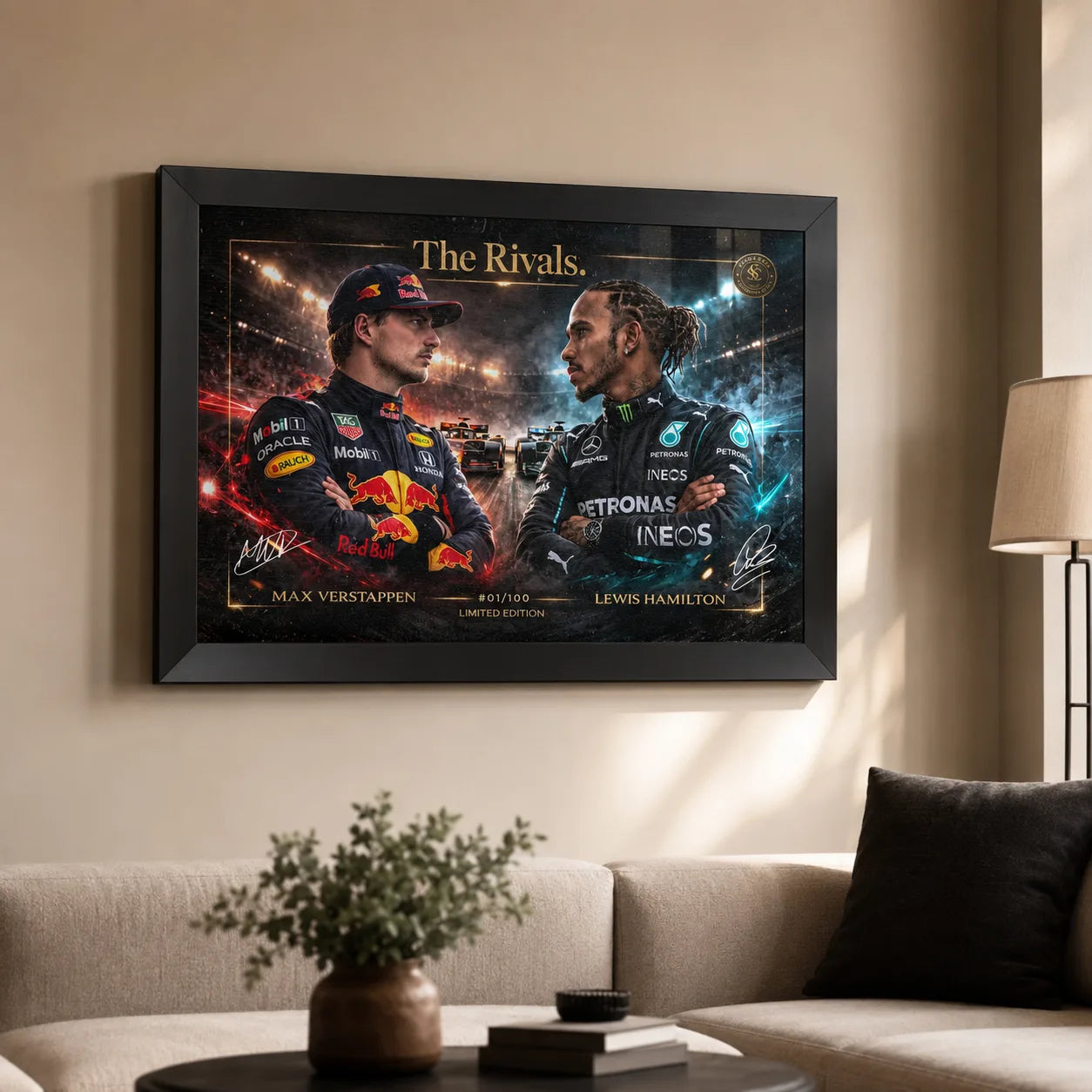 The Rivals Verstappen vs Hamilton framed sports wall art styled in a premium living room for devoted Formula 1 fans.